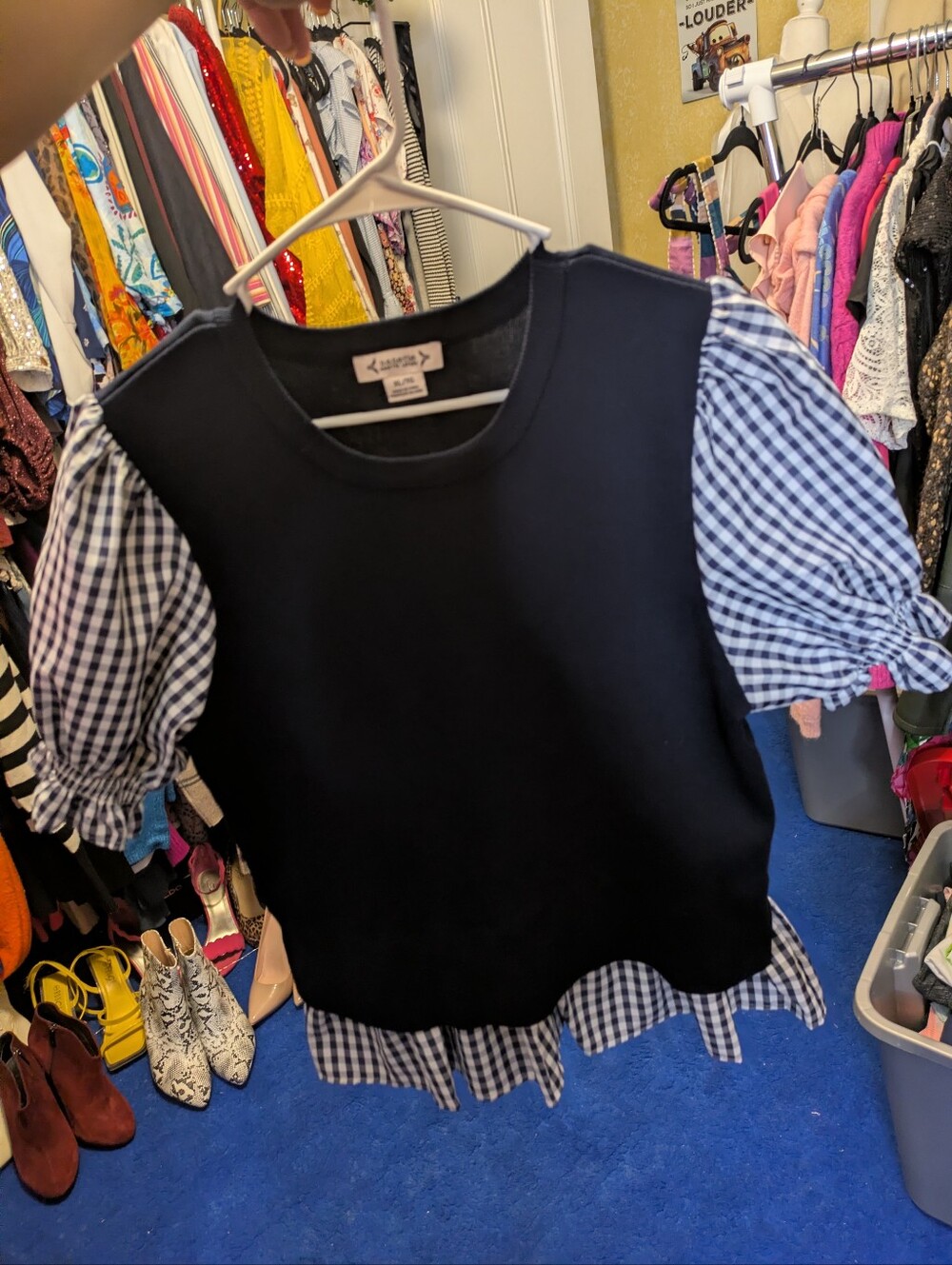 Nanette Lepore Navy Blue Gingham Puff Sleeve Layered Mixed Media Sweater Top XL